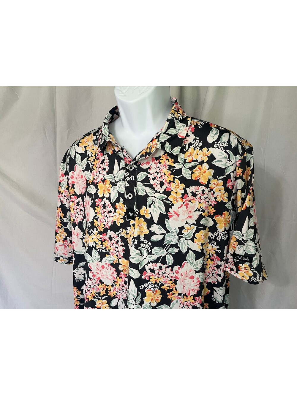 Bad Birdie Men's Black Yellow Pink Floral Golf Polo Shirt XL EUC